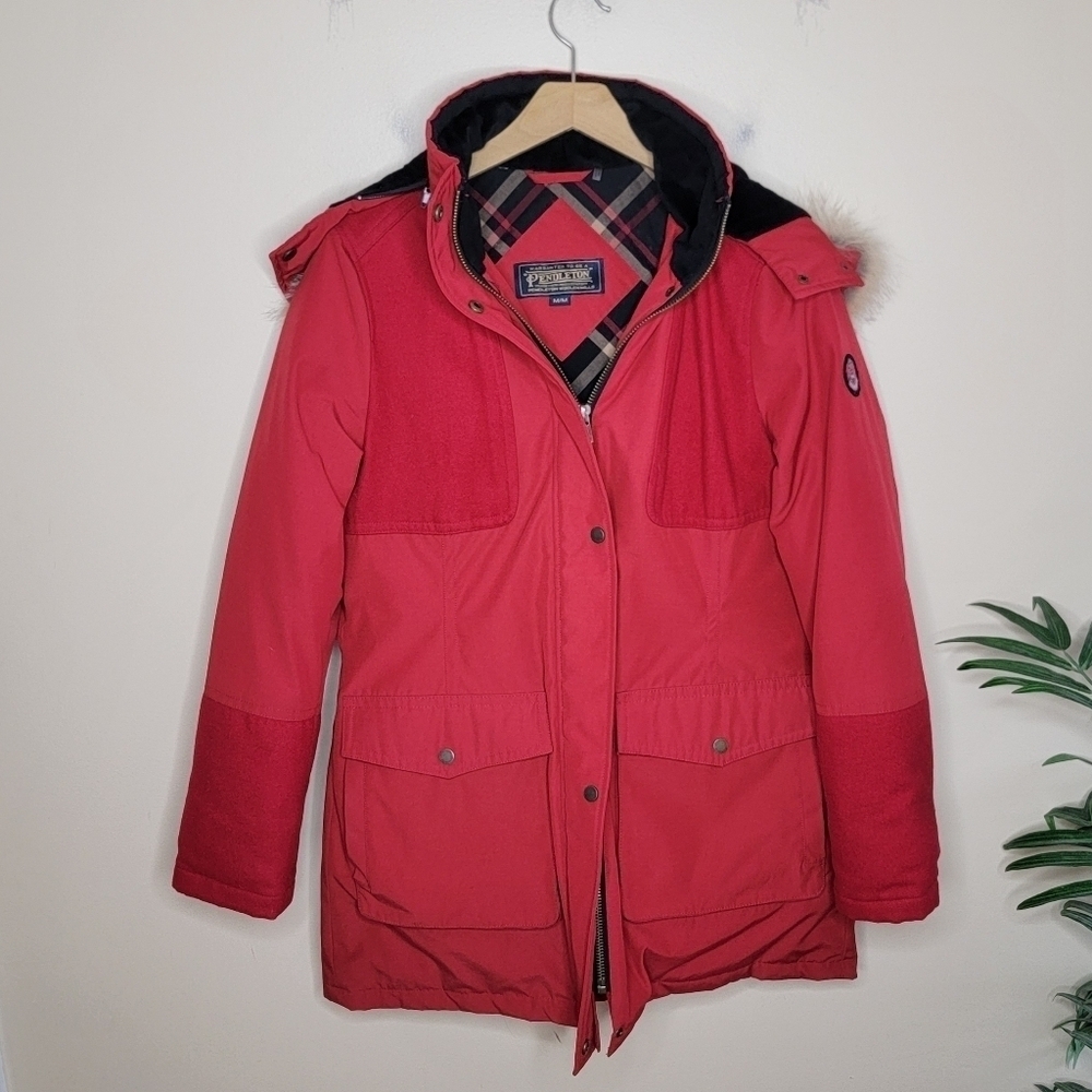 Pendleton | Juneau Genuine Coyote Fur Trim Melton Detail Down Red Parka Medium